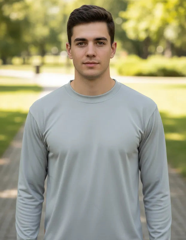 Polera Color Gris manga larga de vestir corte recto hombre con filtro solar UPF 50+ marca iQ