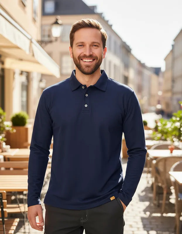 Polera de vestir azul marino manga larga cuello piqué corte recto para hombres con filtro solar UV 50+ marca IQ