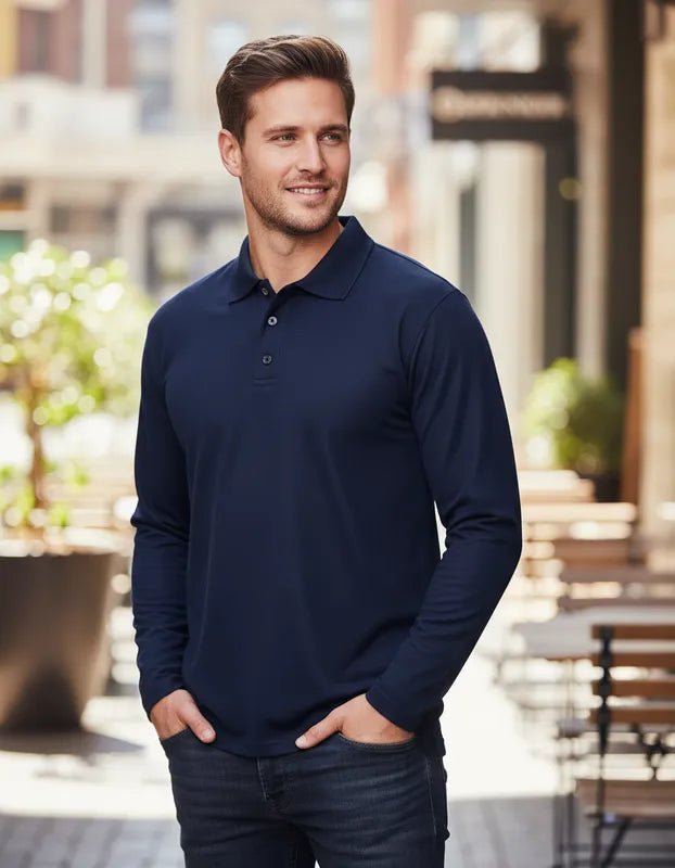 Polera de vestir azul marino manga larga cuello piqué corte recto para hombres con filtro solar UV 50+ marca IQ