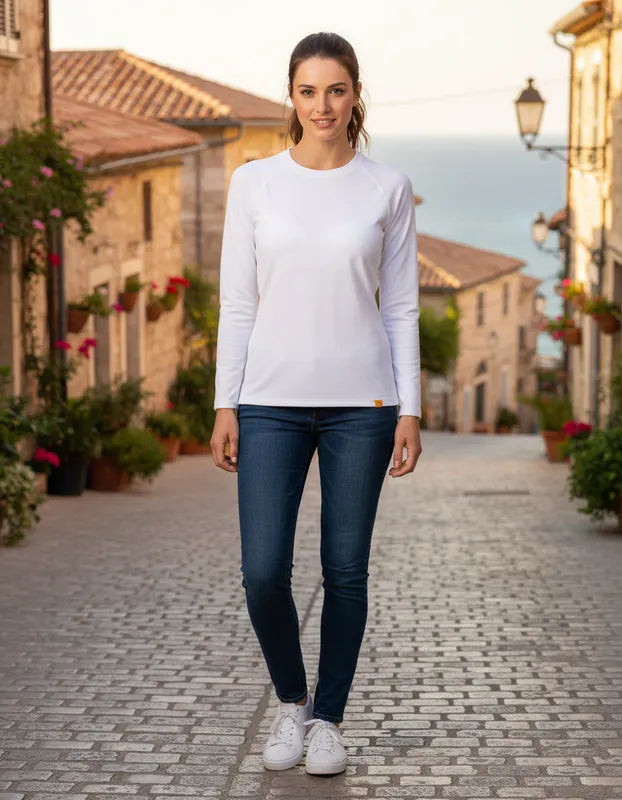 Polera manga larga de vestir corte recto mujer con filtro solar UPF 50+marca IQ