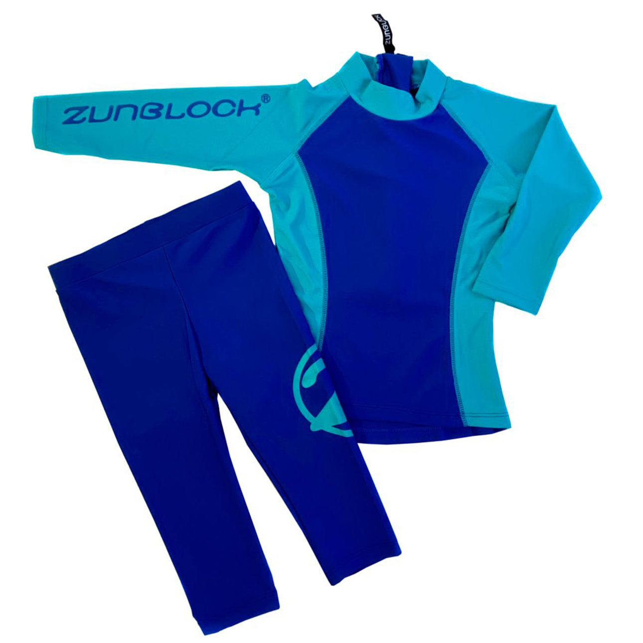 Traje de baño polera m.larga+pantalón ¾ azul/esmeralda UPF 50+ marca Zunblock