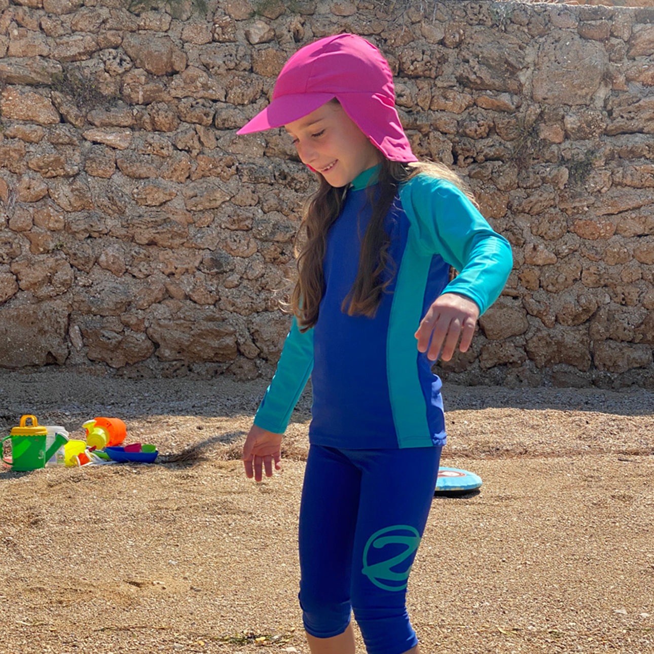 Traje de baño polera m.larga+pantalón ¾ azul/esmeralda UPF 50+ marca Zunblock