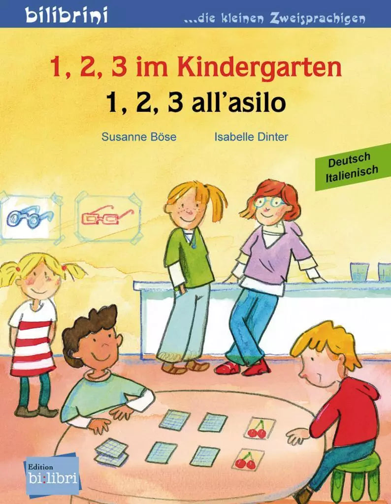 "1,2,3 Kindergarten-1,2,3 el jardín infantil". Cuento bilingüe. Diferentes idiomas.