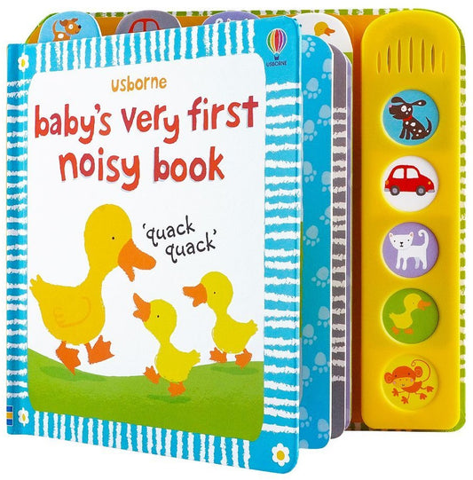 Libro de aprendizaje infantil con sonidos: "Baby's very first noisy book" - "El primer libro de sonidos del bebé" en inglés.
