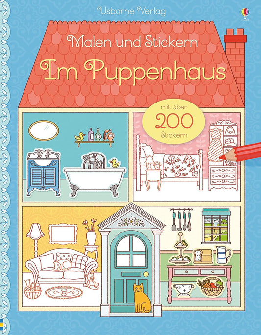 Male und Stickern. "Im Puppenhaus". Libro de pintar y con adhesivos. Alemán