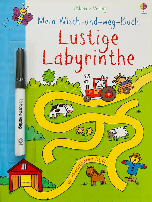 Libro de actividades alemán "Mein wisch-und-weg-buch: lustige labyrinthe" - "Mi gran libro para escribir y borrar: entretenidos laberintos"