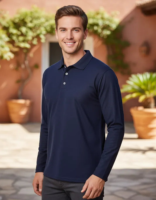 Polera de vestir azul marino manga larga cuello piqué corte recto para hombres con filtro solar UV 50+ marca IQ