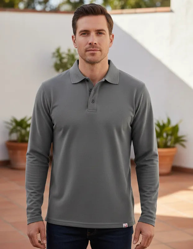 Polera de vestir Gris Ceniza manga larga cuello piqué corte recto para hombres con filtro solar UV 50+ marca iQ