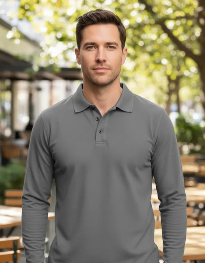 Polera de vestir Gris Ceniza manga larga cuello piqué corte recto para hombres con filtro solar UV 50+ marca iQ