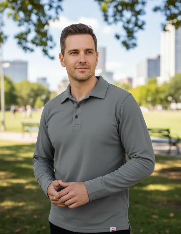 Polera de vestir Gris Ceniza manga larga cuello piqué corte recto para hombres con filtro solar UV 50+ marca iQ